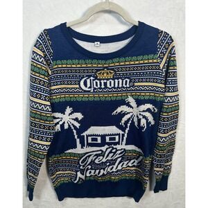 Corona Beer Feliz Navidad Sweater Long Sleeves Palm‎ Trees Blue Christmas Small